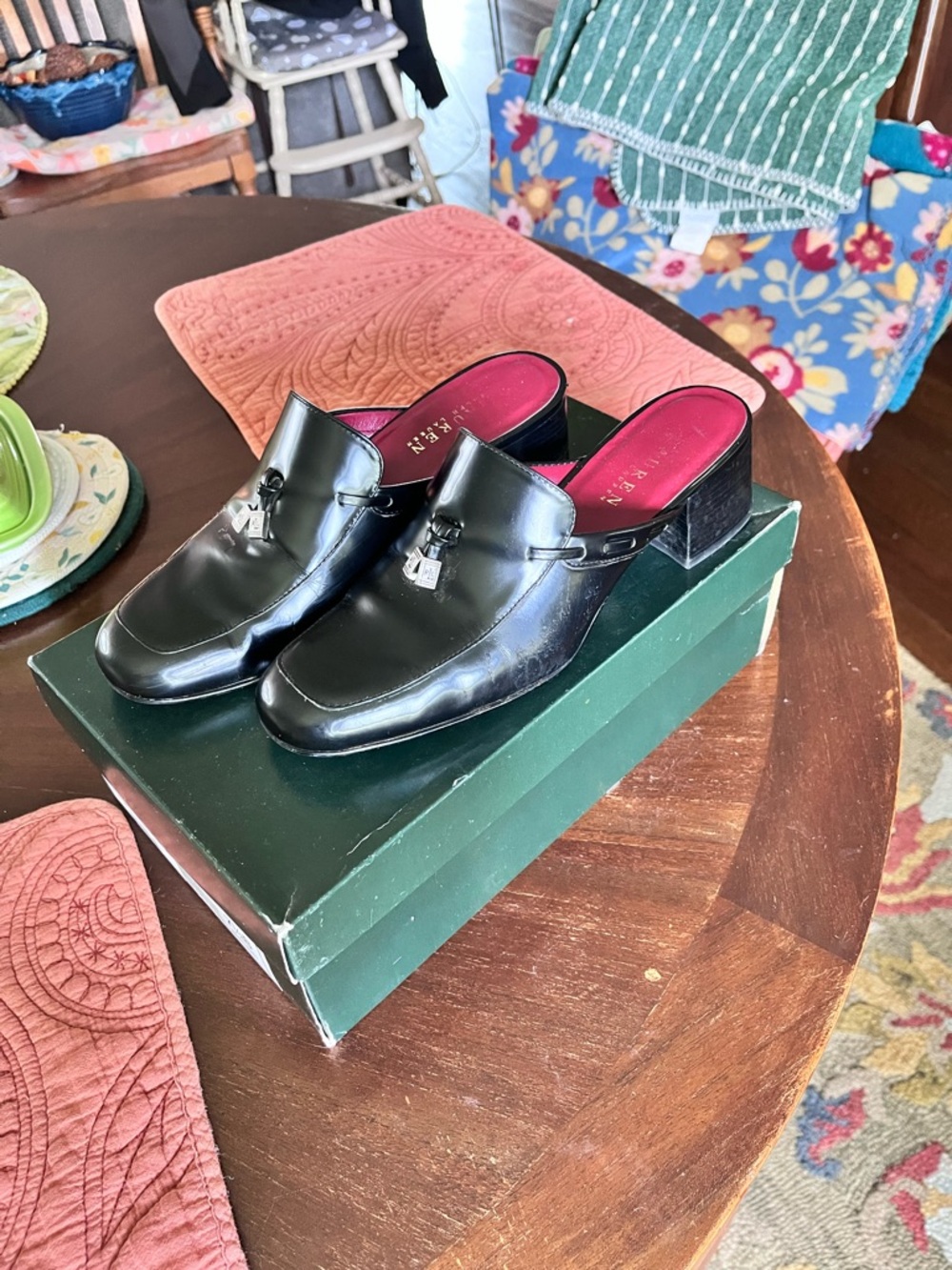 Ralph Lauren Black Leather Slip-On Mules with Pink Lining and Block Heel